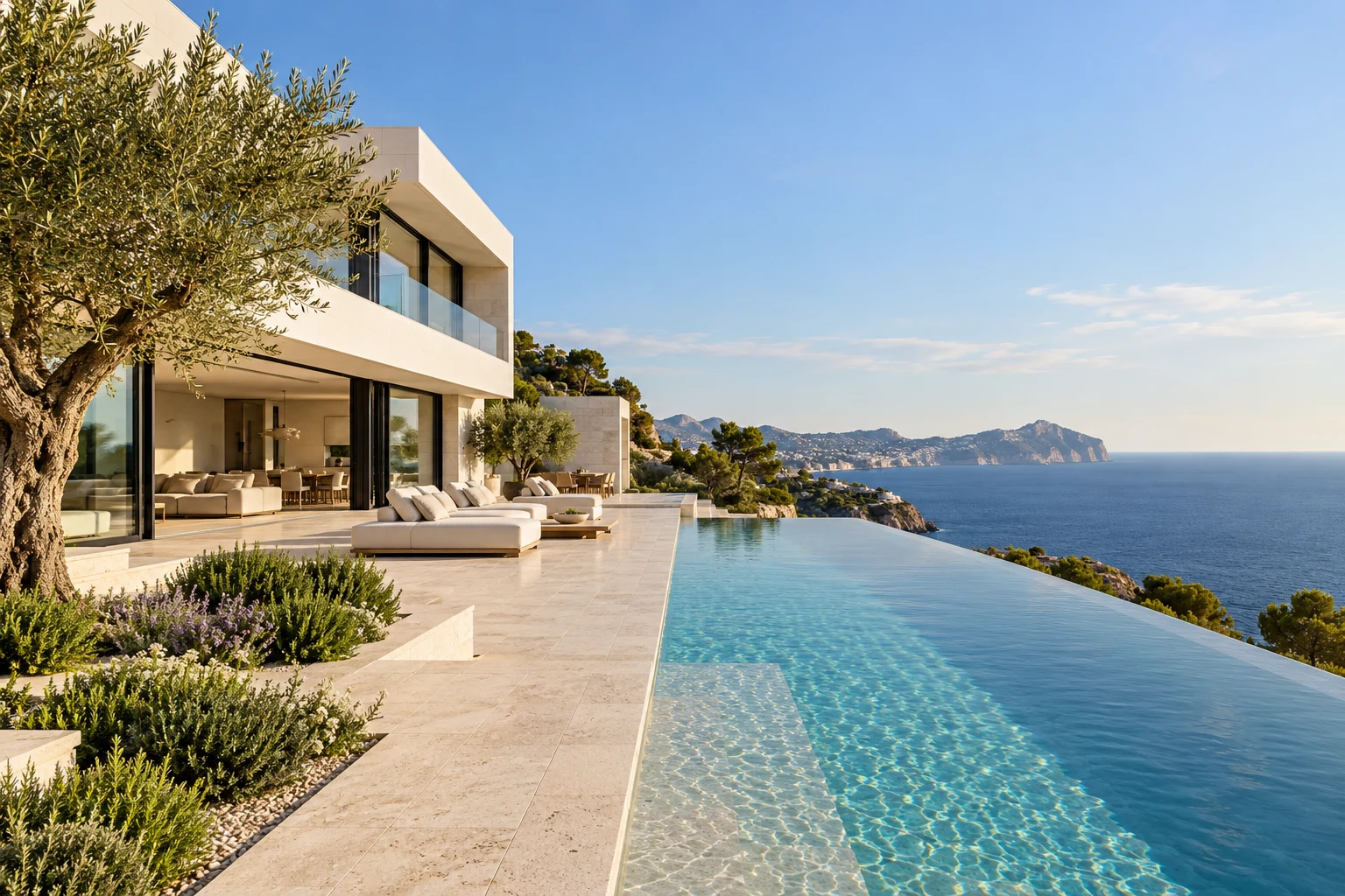 Villa mediterránea de concepto con piscina y vistas al mar